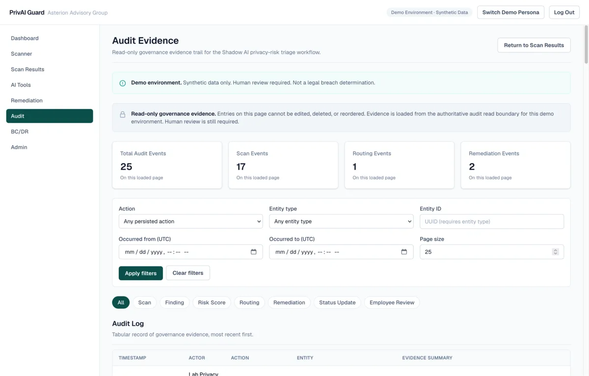 PrivAI Guard audit evidence screen